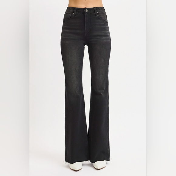 RISEN High-Rise Retro 70s Flare Leg Wide Cut Raw Hem Pants Slim Fit Denim Jeans - Picture 9 of 16